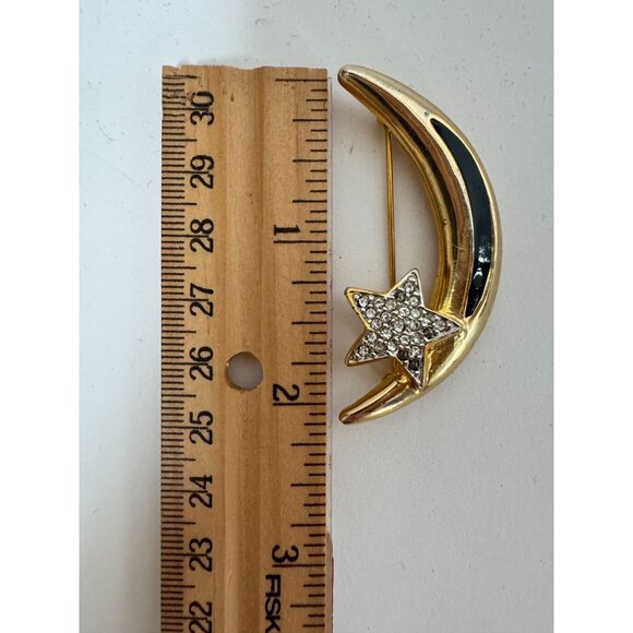 Vintage Gold-Tone Crescent Moon & Star Brooch With Rhinestones & Black Enamel - Picture 4 of 16